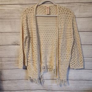 Faded Glory 1X 16W Y2K ivory loose knit open face fringe cardigan